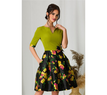 Rochie MBG cu bust verde si fusta neagra cu imprimeuri florale