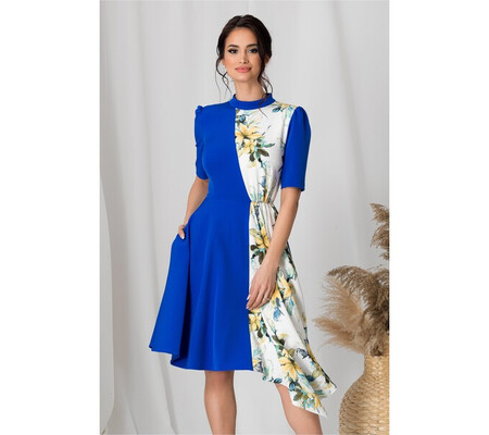 Rochie MBG duo albastru electric si imprimeu floral pe fundal alb