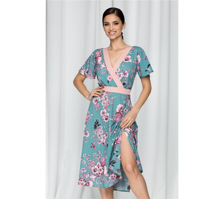 Rochie Moze vernil cu imprimeu floral roz pudra si decolteu petrecut