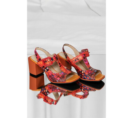 Sandale din piele oranj cu detalii multicolore si toc gros