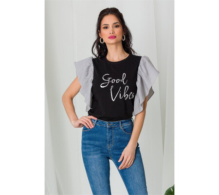 Tricou Good Vibes negru cu volane maxi pe maneci