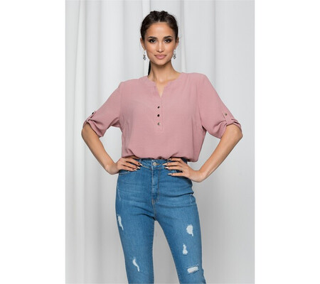 Bluza Caterina roz prafuit cu maneci scurte prinse cu nasturi