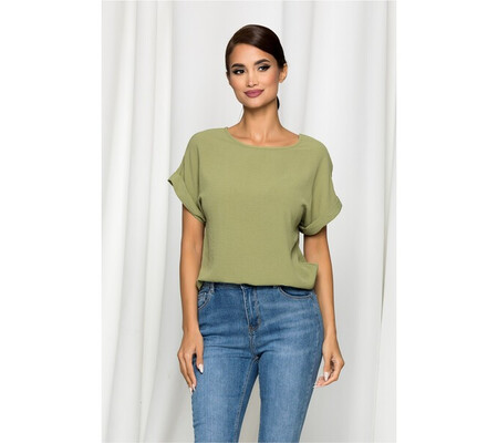 Bluza Esther verde army cu maneci scurte si decolteu rotund