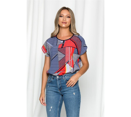 Bluza Gabrielle bleumarin cu maneci scurte si imprimeu geometric corai