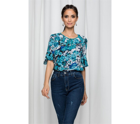 Bluza Ilana neagra cu imprimeu floral si maneci tip clopot