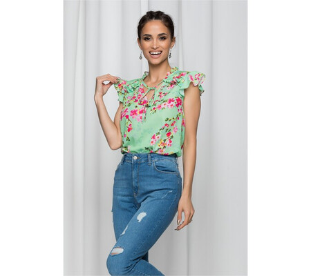 Bluza LaDonna verde deschis cu volanas si imprimeu floral