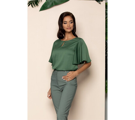 Bluza Ligia verde army cu decolteu oval si maneci scurte cu volanase