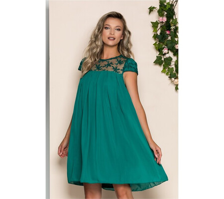 Rochie Aida verde cu pliuri mari si tulle brodat