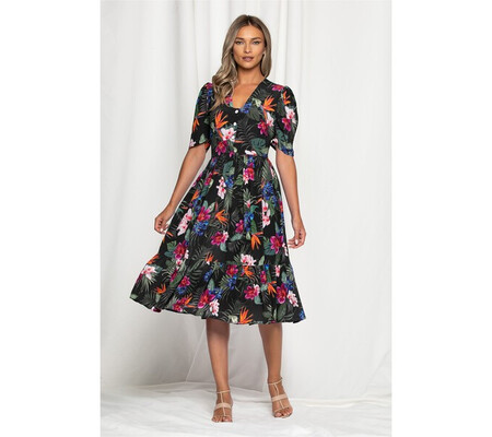 Rochie Bella neagra cu imprimeu floral multicolor