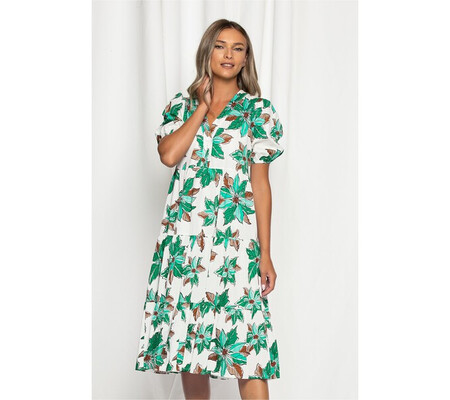 Rochie Byanca alba cu imprimeu floral verde lejera cu elastic la maneci