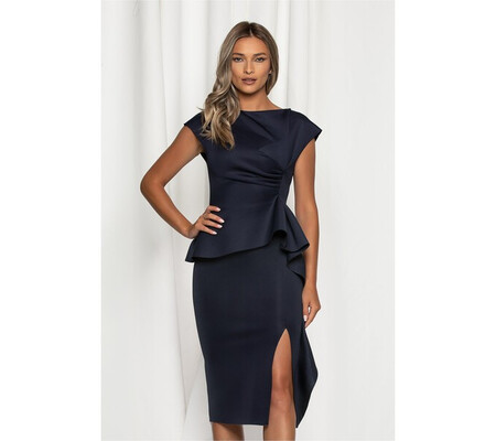 Rochie Clara bleumarin din neopren cu peplum si volanas