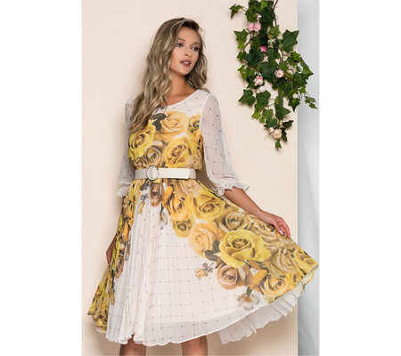 Rochie Diana bej cu pliuri pe fusta si imprimeu floral galben