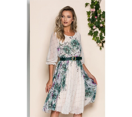 Rochie Diana bej cu pliuri pe fusta si imprimeu floral verde