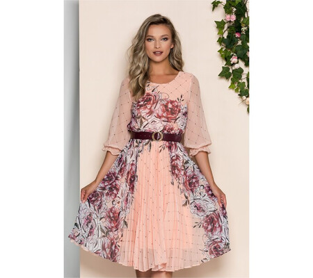 Rochie Diana peach cu pliuri pe fusta si imprimeu floral bordo