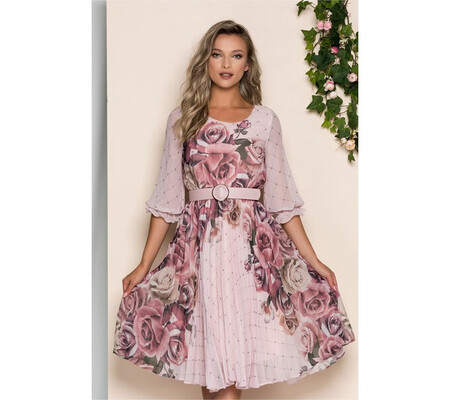 Rochie Diana roz cu pliuri pe fusta si imprimeu floral rose