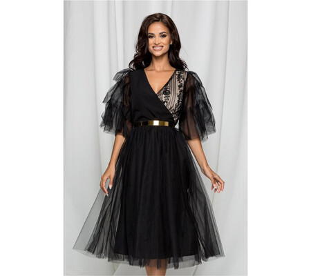 Rochie Dy Fashion Carisa neagra din tulle si decolteu petrecut