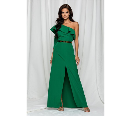 Rochie DY Fashion Daria verde cu decolteu asimetric si volan