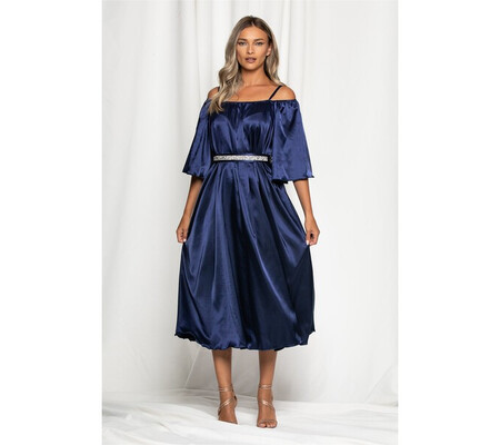 Rochie Ella Collection Amedeea midi bleumarin sidefata cu maneci cazute si strasuri