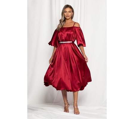 Rochie Ella Collection Amedeea midi bordo sidefata cu maneci cazute si strasuri