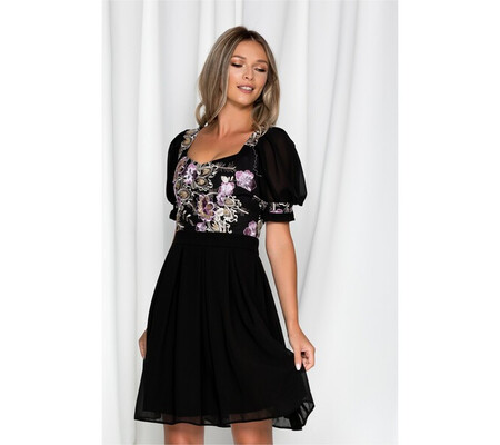 Rochie Ella Collection Selin neagra cu broderie florala mov la bust