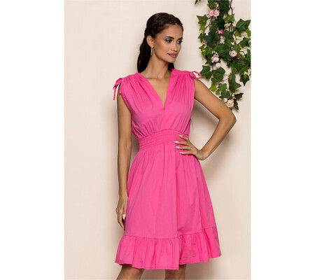 Rochie Francine fuchsia cu decolteu in v si snururi la umeri