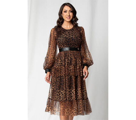 Rochie Georgiana animal print cu maneci lungi si piele ecologica in talie