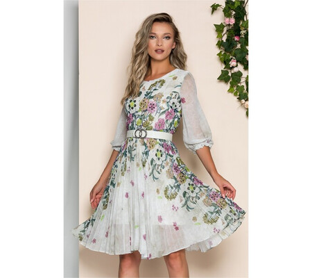 Rochie Georgina alba cu imprimeu floral mov