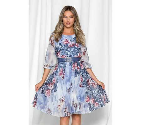 Rochie Georgina bleu cu imprimeu floral rose si pliuri pe fusta