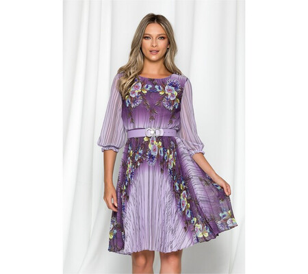 Rochie Georgina mov cu imprimeu floral roz si dungi