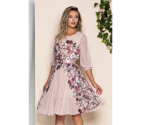 Rochie Georgina peach cu imprimeu floral mov si pliuri pe fusta