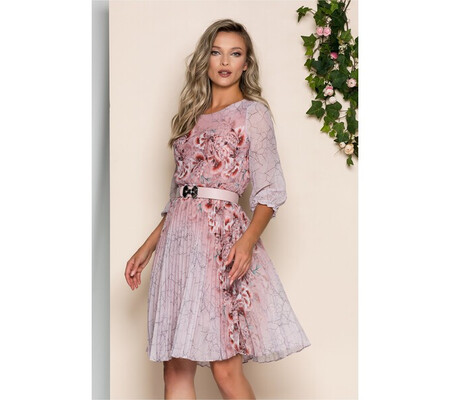 Rochie Georgina roz cu imprimeu floral coniac si pliuri pe fusta