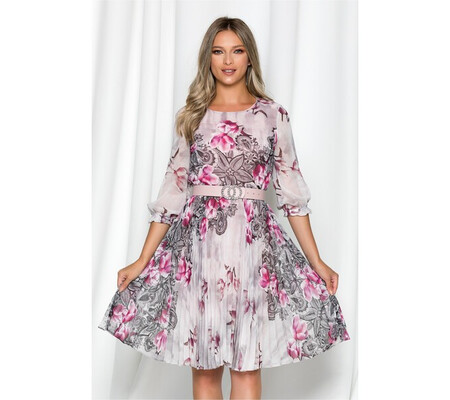 Rochie Georgina roz cu imprimeu floral fuchsia si pliuri pe fusta