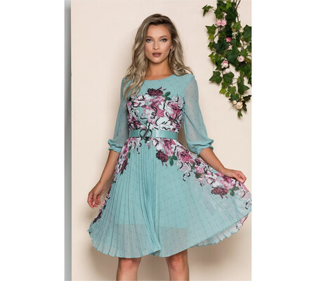 Rochie Georgina verde mint cu imprimeu floral bordo