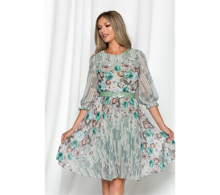 Rochie Georgina verde mint cu imprimeu floral maro si pliuri pe fusta