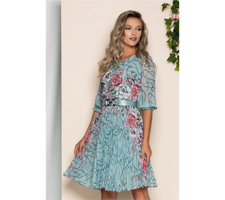 Rochie Georgina verde mint cu imprimeu floral visiniu