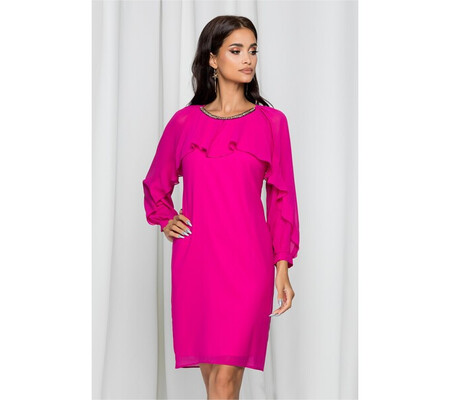 Rochie Ginette fuchsia cu decolteu rotund accesorizat cu perlute