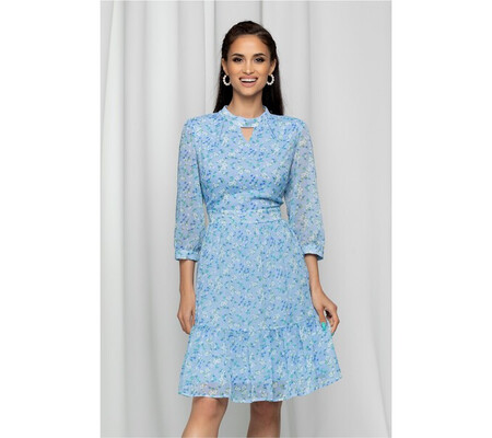 Rochie Idrya bleu cu imprimeu floral si volanas la baza