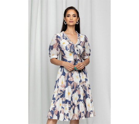 Rochie Isadora bleumarin cu guler tip esarfa si imprimeu floral