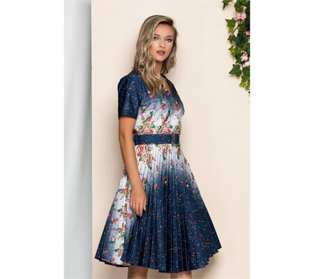 Rochie Iustina bleumarin cu ivoire si imprimeu floral colorat