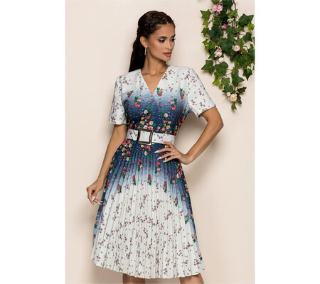 Rochie Iustina ivoire cu bleumarin si imprimeu floral colorat