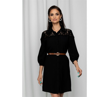 Rochie Iustina neagra tip camasa accesorizata cu dantela