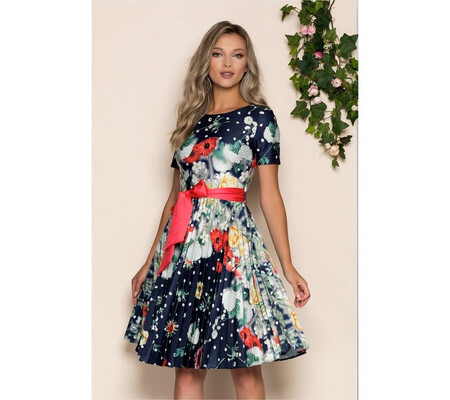 Rochie Jaqueline bleumarin cu imprimeu floral rosu si cordon in talie