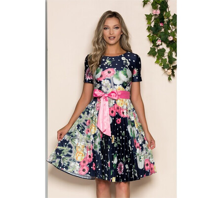 Rochie Jaqueline bleumarin cu imprimeu floral roz si cordon in talie