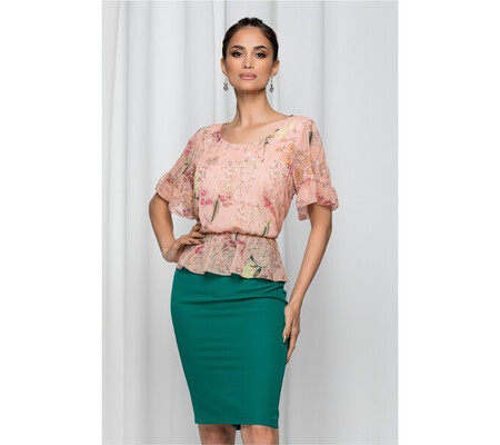 Rochie Jovana verde cu peplum in talie si imprimeu floral