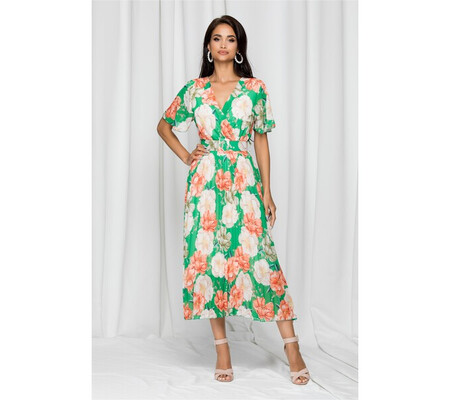 Rochie Kamelia verde cu pliuri pe fusta si imprimeu floral roze