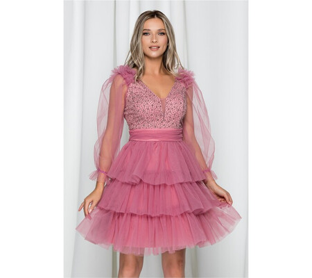 Rochie Katarina roz din tulle cu decolteu adanc si bust buretat