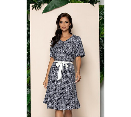 Rochie Kira bleumarin cu imprimeu floral alb si guler tip rever
