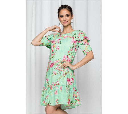 Rochie LaDonna verde cu maneci scurte decupate si imprimeu floral