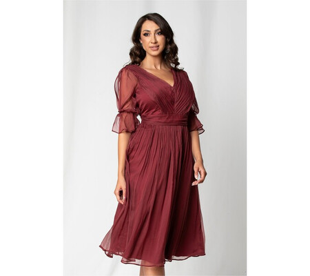 Rochie Leonard Collection bordo din matase cu decolteu in v