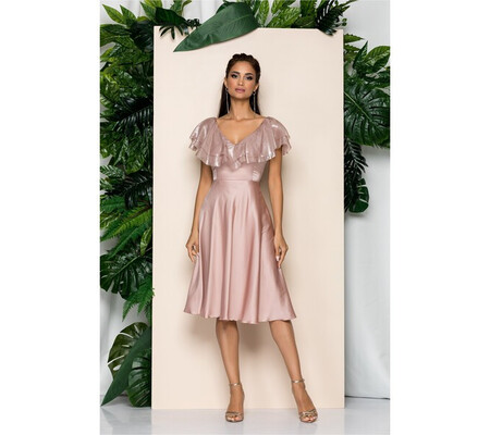 Rochie Leonard Collection roz cu volanase la bust si cordon in talie